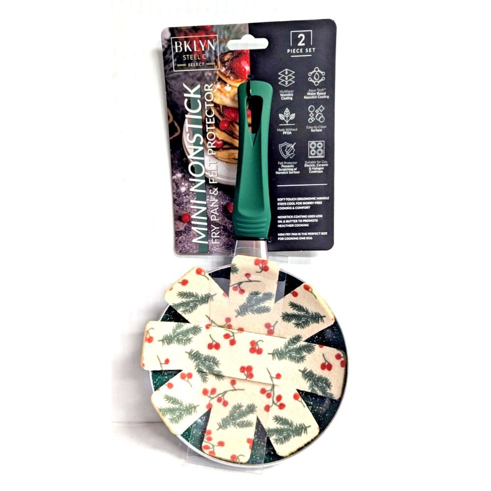 BKLYN Steel Fry Pan Green Mini Non-Stick and Felt Protector Christmas Design